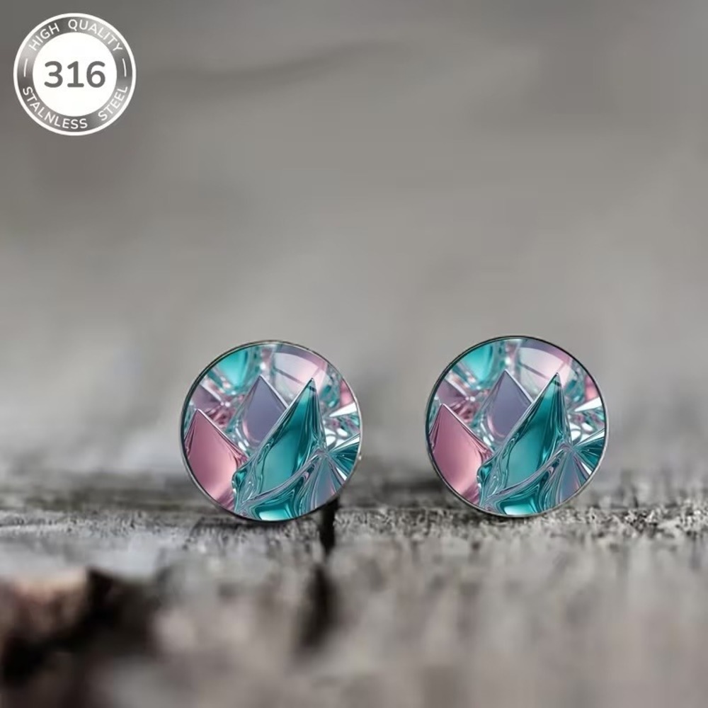316 Stainless Steel Abstract Geometric Stud Earrings Teal Pink Crystal Mountain